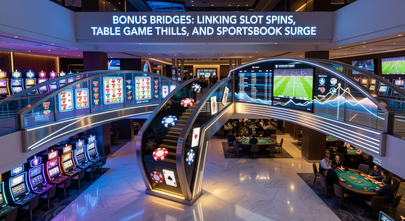 Close-up view of a digital bonus meter bridging slot reels, blackjack hands, and sportsbook odds displays with glowing reward links