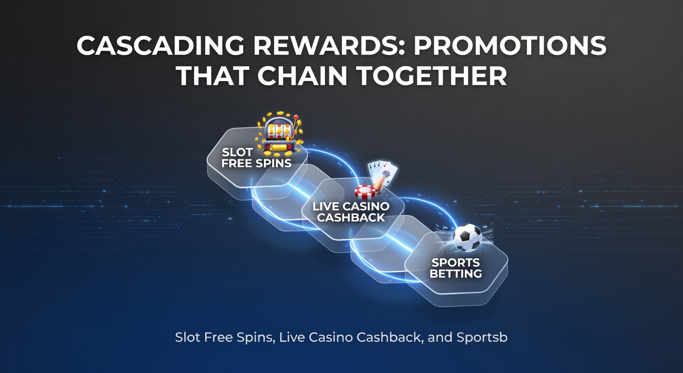 Dynamic screenshot of a chained promotion dashboard showing slot spin progress unlocking live casino cashback percentage and pending sportsbook free bets