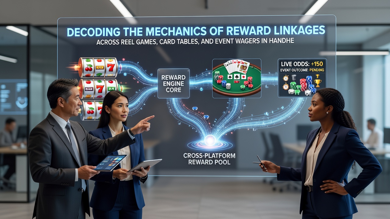 Dashboard view of reward linkages connecting mobile slots, live card tables, and sports event wagers