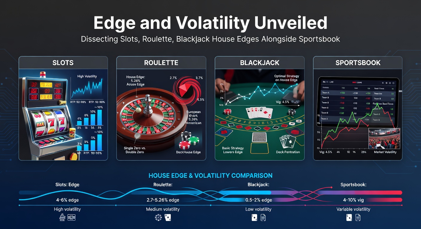 Close-up of roulette wheel, blackjack cards, and sportsbook odds board highlighting mathematical edges