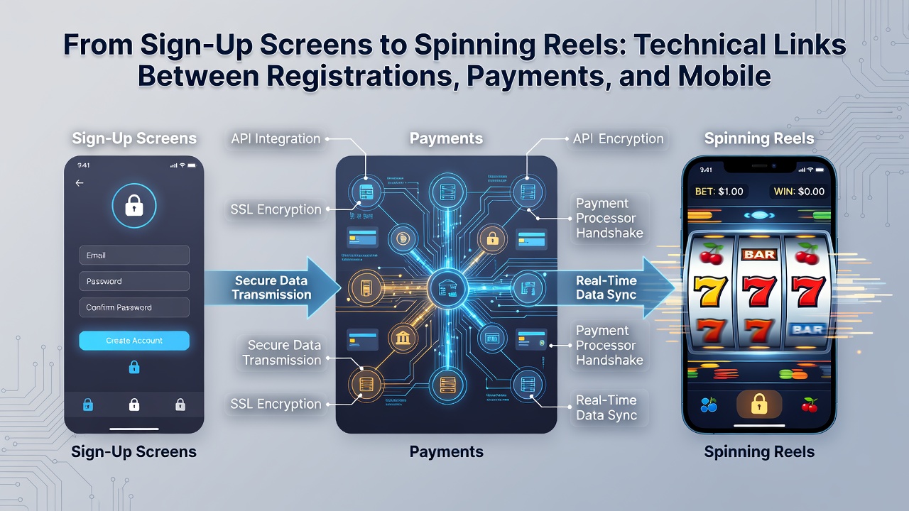 Mobile app screenshot illustrating seamless transitions between registration confirmation, payment confirmation, and active casino plus sportsbook sessions