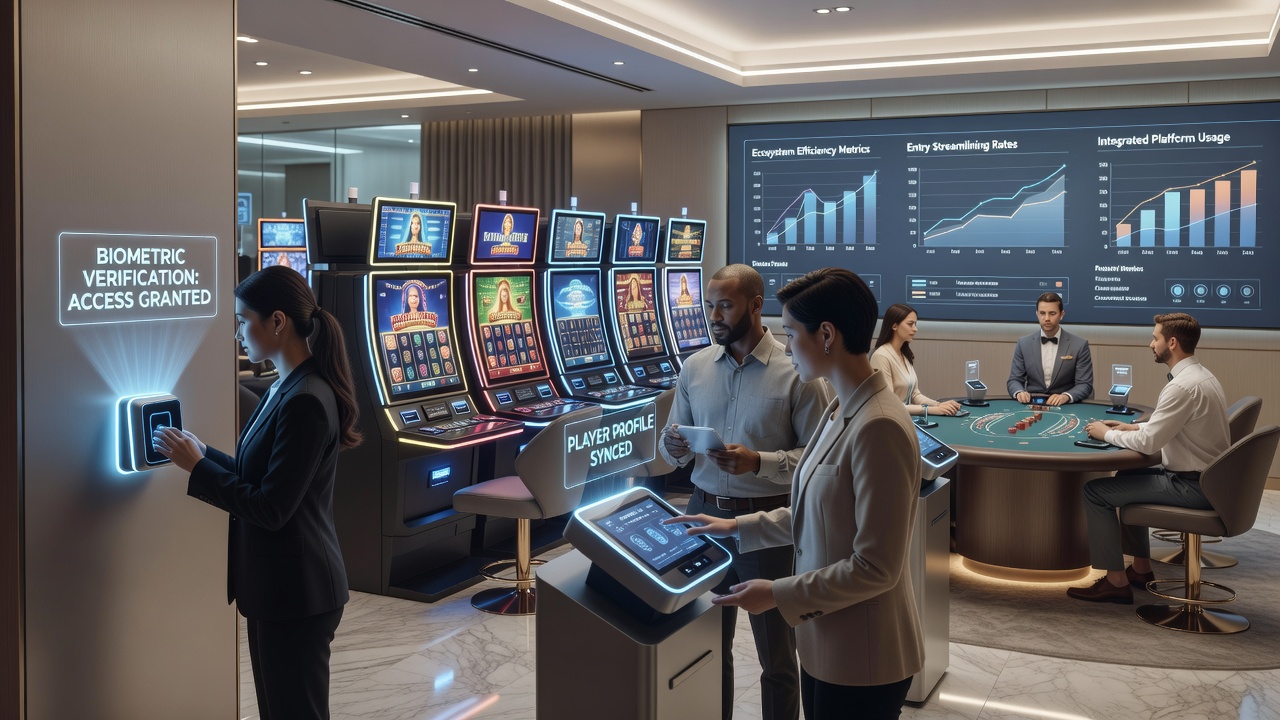 Player using facial recognition on mobile device to access integrated slots, live dealer, and sports wagering sections
