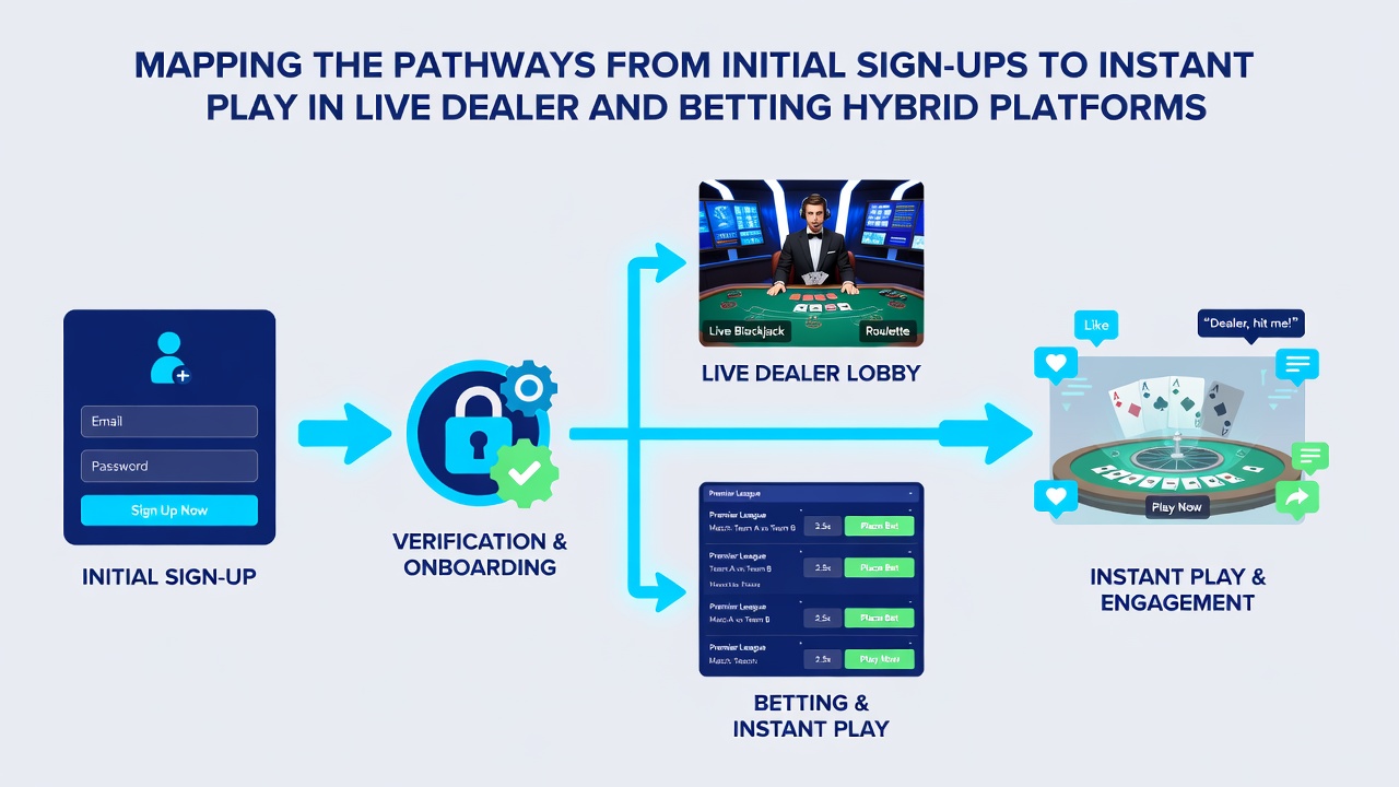 Flowchart showing integration between verified accounts, payment rails, and simultaneous access to live tables plus betting markets
