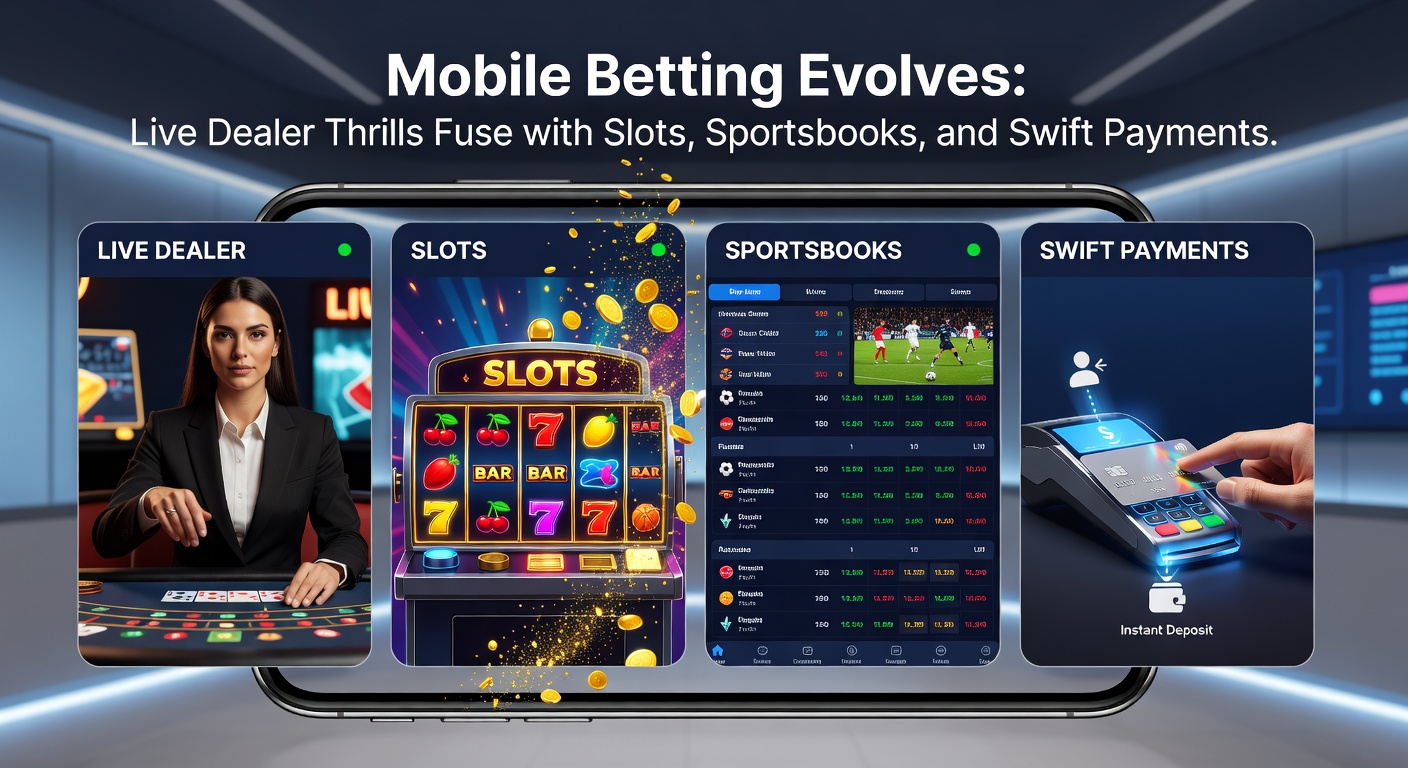 Dynamic mobile app dashboard showing live soccer betting odds next to spinning slot wheels and a live dealer roulette table with instant payment icons