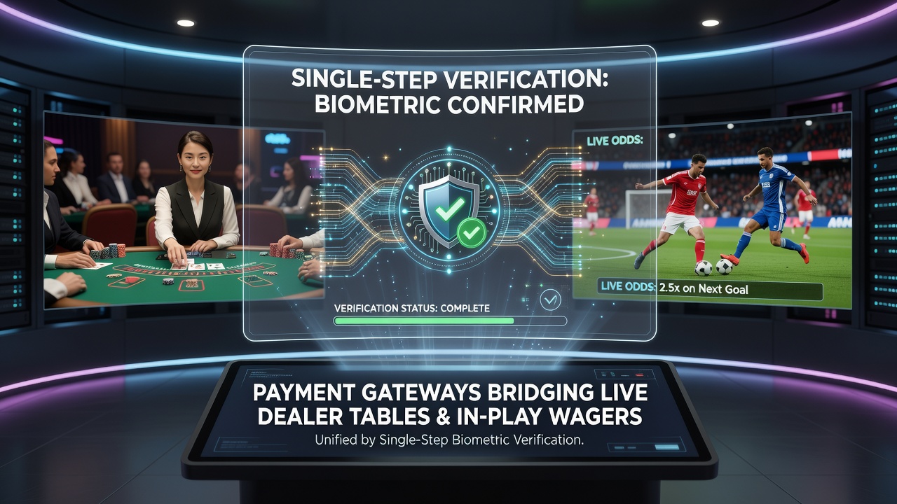 Close-up of handheld device displaying live dealer table synced with in-play sports wager options