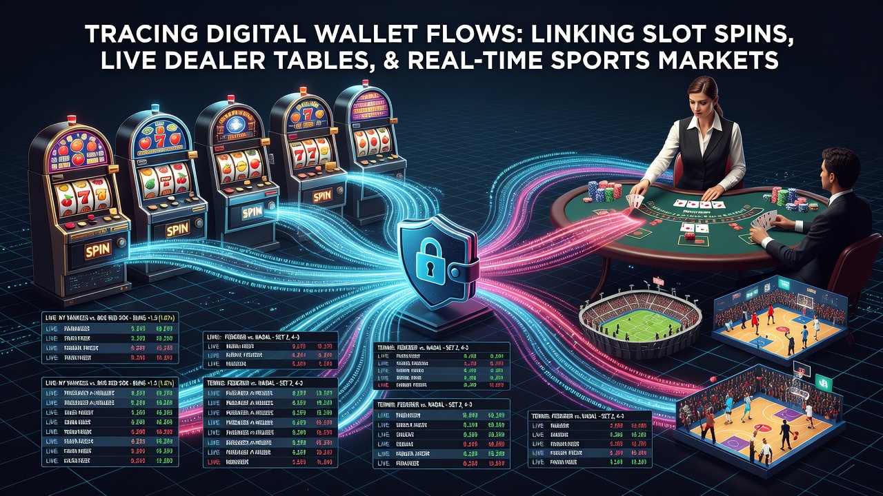 Mobile device screen showing linked wallet activity between slots, live dealers, and sports betting