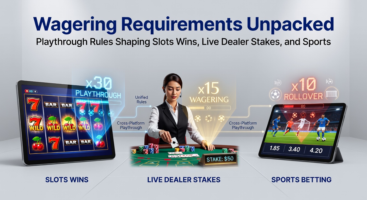 Infographic comparing wagering contributions: slots at 100%, live dealer blackjack at 20%, and sports bets at 10-50% based on odds