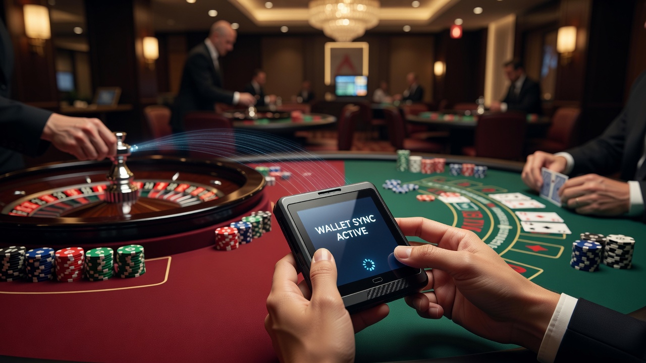 Portable device screen showing real-time balance sync during transition from blackjack to live sports event